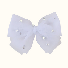 Load image into Gallery viewer, Angeline White Pearl Tulle Baby Bow - Nylon Headband / Clip