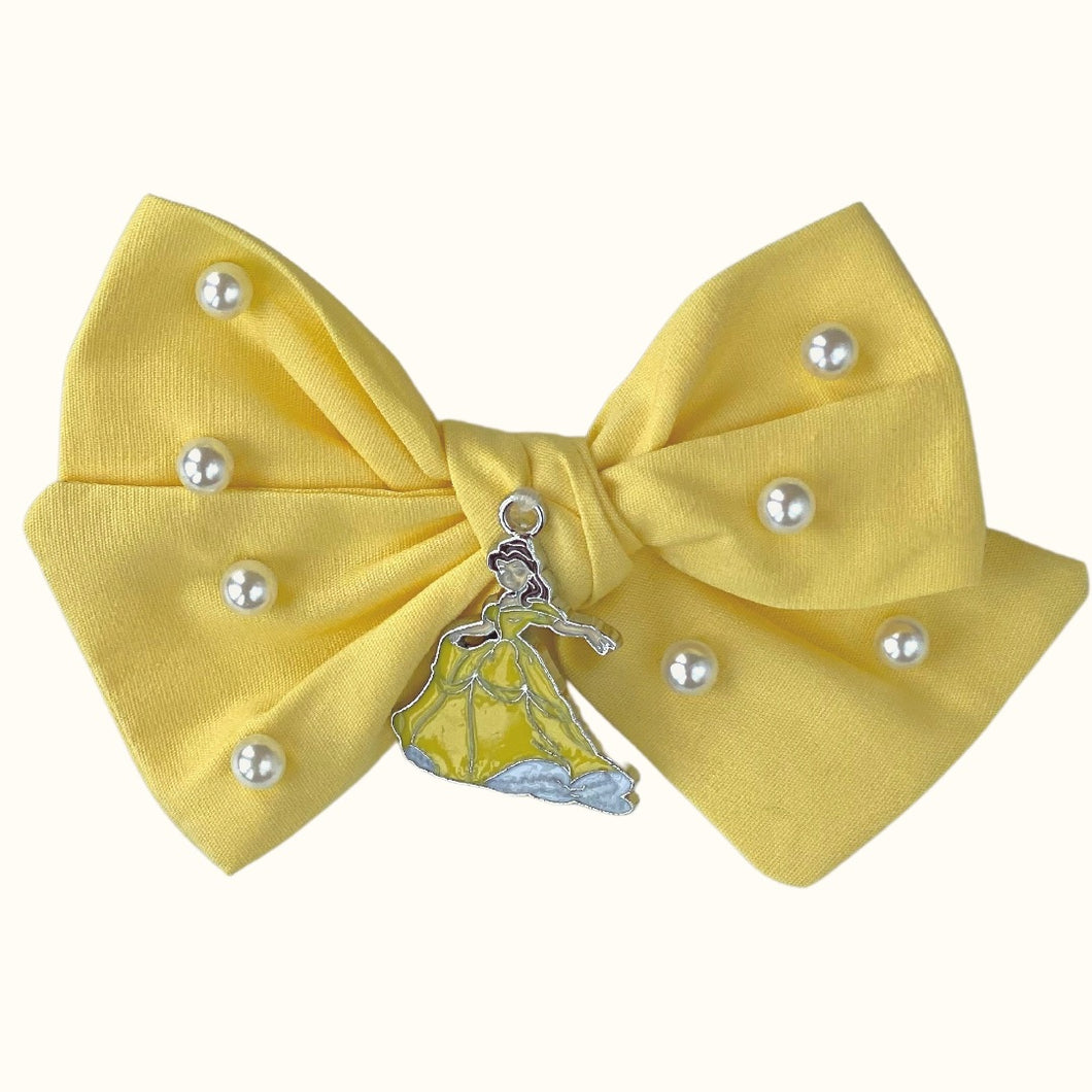 Limited Edition - Belle Princess Pearl Cotton Bow Hair Clip in Lemon