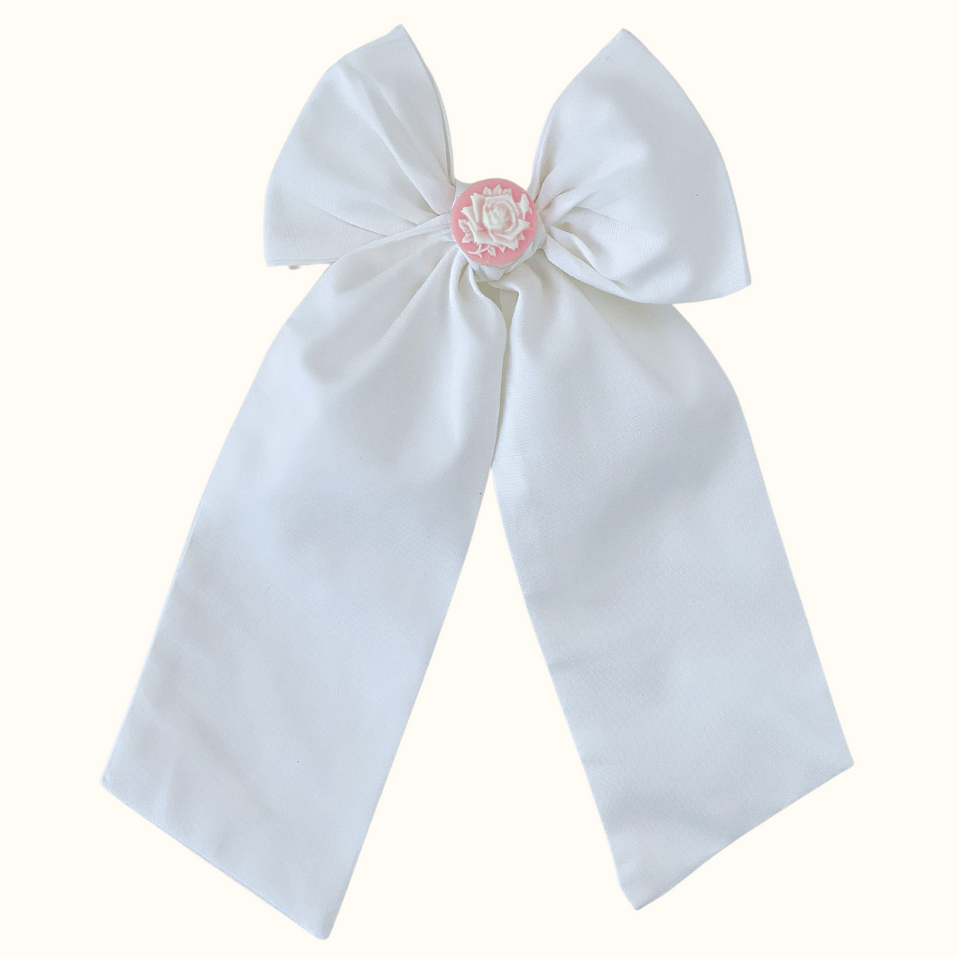 Lola White Cotton Long Bow - Hair Clip